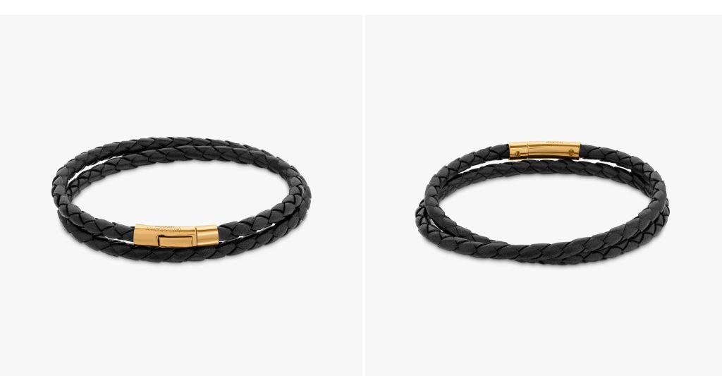 Tubo Scoubidou Double Wrap Bracelet in Black Leather with 18k Yellow Gold